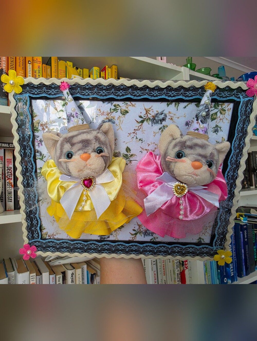 Handmade Plush Cat Wall Hanging Twins - Yellow and Pink Cat Decor
